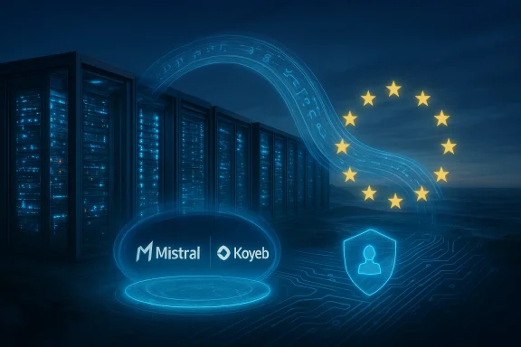 Futuristic data center with a blue holographic ring, EU stars, and Mistral–Koyeb branding.