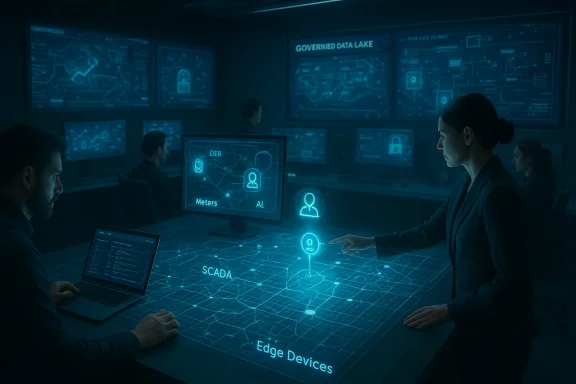 Futuristic control room with a holographic SCADA map and edge devices network.