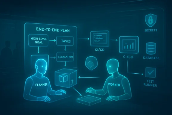 Neon blueprint of an end-to-end plan with planner and worker coordinating tasks, CI/CD, and data flow.