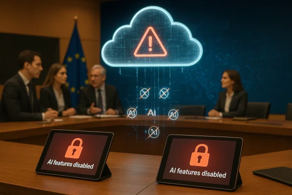 Boardroom scene with a holographic cloud warning and AI features disabled on tablets.