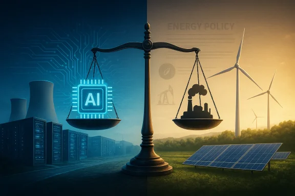 A split scene balancing AI technology on the left with renewable energy and policy on the right.