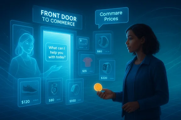 A woman uses a futuristic holographic shopping interface to compare prices.