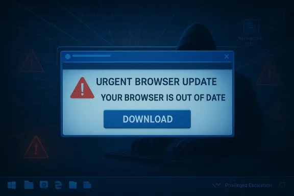 Warning popup on a computer screen urging urgent browser update, with a shadowy hacker in the background.