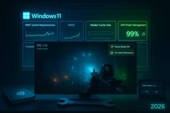 Neon Windows 11 dashboard shows GPU stats while a sci-fi FPS unfolds on the monitor.