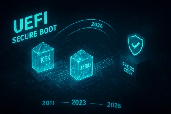 A blue holographic UEFI Secure Boot diagram showing KEK/DBDBX keys and shielded Pre-OS code.
