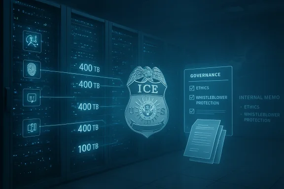 Futuristic data center featuring an ICE badge, 400 TB storage lines, and a governance checklist.