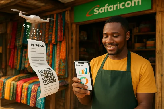 Shopkeeper in a green apron smiles as a drone drops an M-PESA receipt while he checks sales on his phone.