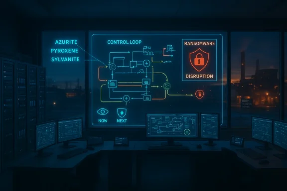 Dim security operations room with neon blue control loop diagram and ransomware disruption alert.