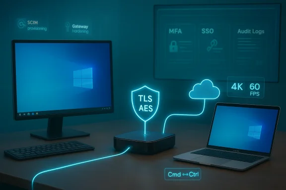 A neon TLS AES shield links a desktop and a laptop to the cloud.