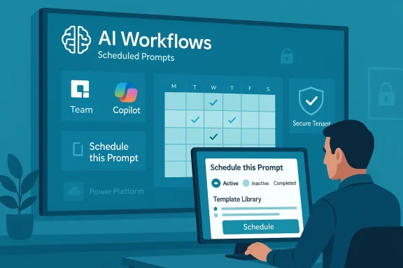 A person schedules AI prompts on a large AI Workflows dashboard with a calendar and templates.