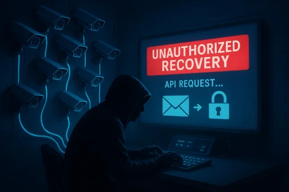 Hooded hacker at a keyboard as a screen reads “Unauthorized Recovery” and “API Request…”.