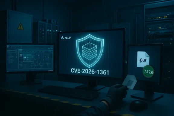 Cybersecurity workstation showing CVE-2026-1361 on a shield, with a .par file and version badge.