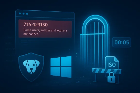 Cybersecurity illustration: a ban notice, padlock gate, shield, Windows logo, and ISO barricade.