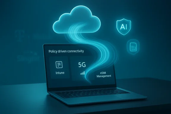 Laptop screen shows 'Policy driven connectivity' with a glowing cloud and 5G/eSIM visuals.