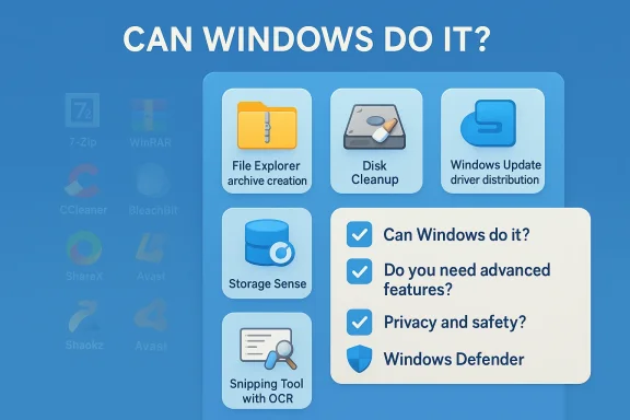 Blue Windows panel labeled 'Can Windows do it?' with icons for File Explorer, Disk Cleanup, Storage Sense.