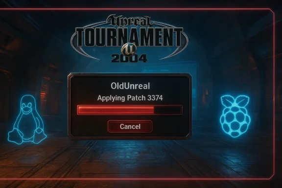 Unreal Tournament 2004 patch progress screen with neon penguin and pineapple outlines.