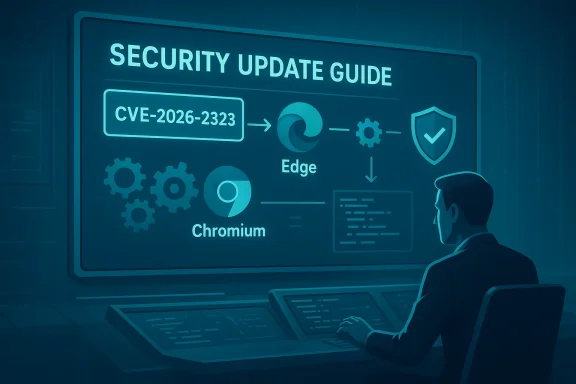 Security update diagram: CVE-2026-2323 linked to Edge and Chromium logos.
