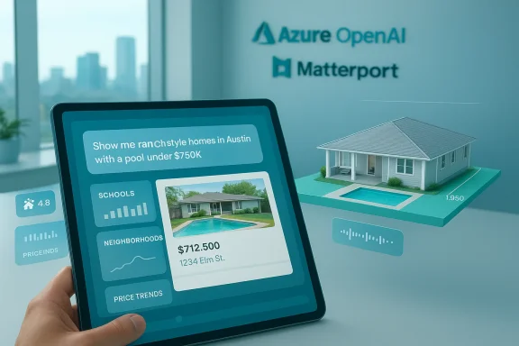 Tablet displays an AI-assisted real estate search with a 3D ranch-style home and pool. Tablet displays an AI-assisted real estate search with a 3D ranch-style home and pool.