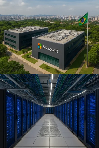 Aerial view of Microsoft's Brazilian campus showing a sleek HQ and a blue-lit data center.