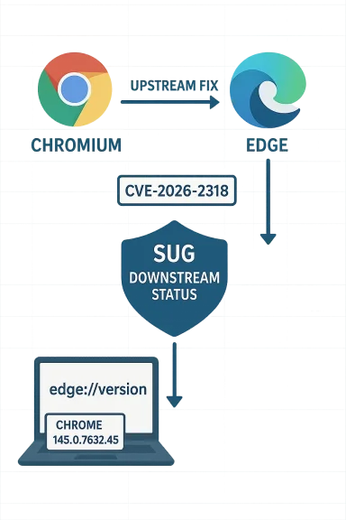 Infographic shows Chromium upstream fix to Edge for CVE-2026-2318, with downstream status and Edge version.