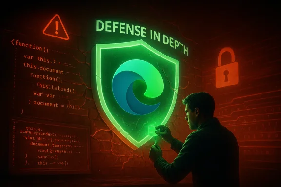 A person installs a glowing shield emblem labeled Defense in Depth on a neon cybersecurity wall.