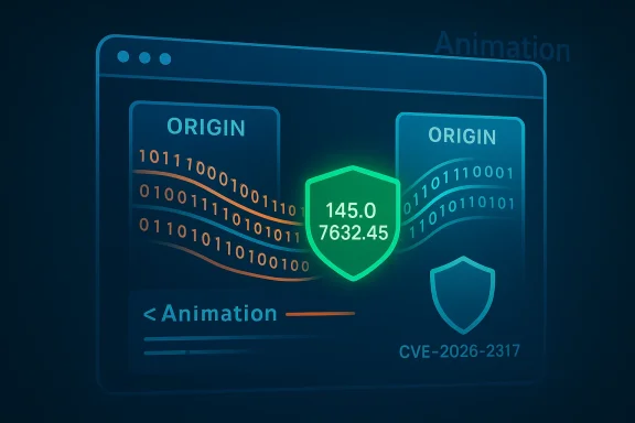 A neon shield guards streaming code in a UI about CVE-2026-2317 vulnerability.