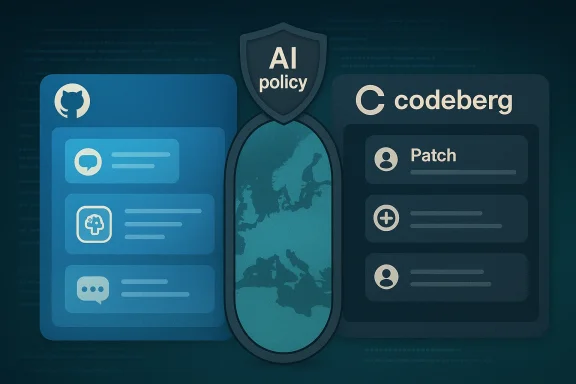 AI policy shield stands between GitHub and Codeberg panels over a stylized world map.