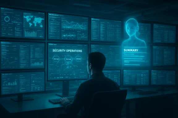 Security operations analyst monitors multi-screen dashboards in a high-tech control room.