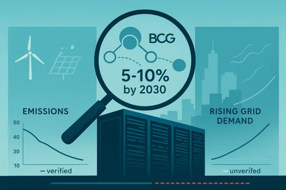 BCG projects 5-10% by 2030 amid rising grid demand and falling emissions.