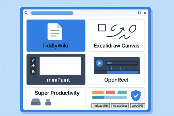 A web dashboard with grid tiles for apps like TiddlyWiki, Excalidraw Canvas, miniPaint and OpenReel.