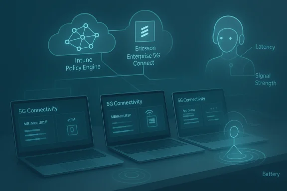 Three laptops show 5G connectivity amid cloud policy engine and latency visuals.