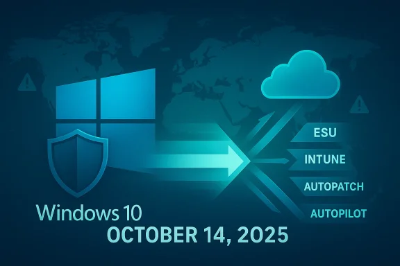 Windows 10 launch on Oct 14, 2025 with ESU, Intune, Autopatch, and Autopilot.