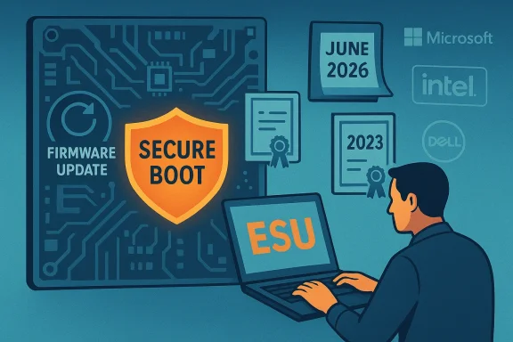 A person uses a laptop to manage Secure Boot and firmware updates on a tech-themed backdrop.