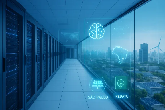 Futuristic data center hallway with holographic AI brain, Brazil map, São Paulo, and energy icons.