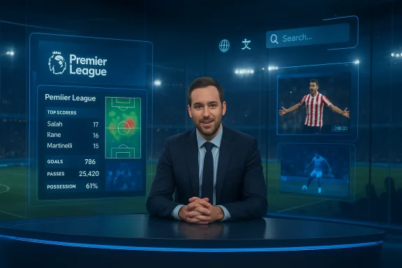 Sports anchor explains Premier League stats with holographic top-scorers and possession data.