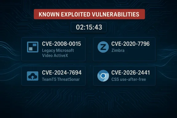 Cybersecurity dashboard listing known exploited vulnerabilities with a countdown timer.