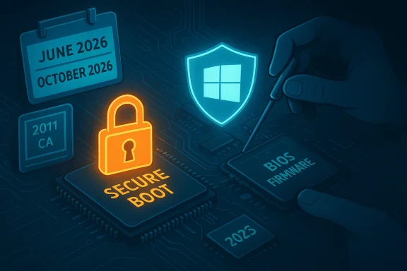 A glowing padlock over a circuit board represents Secure Boot, with BIOS firmware and a Windows shield nearby.