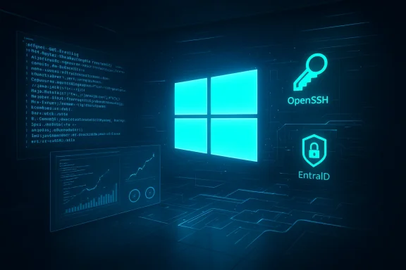A futuristic blue digital interface featuring a glowing Windows logo with OpenSSH and EntraID security icons.