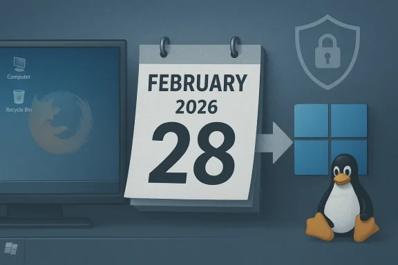 Calendar shows February 28, 2026 beside a Linux penguin on a tech-themed desktop.