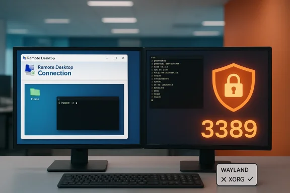 Two monitors: left shows Remote Desktop, right displays a shield icon and the number 3389.