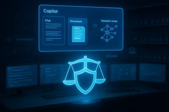 A blue holographic Copilot interface shows chat, documents, and a semantic index above a shield.