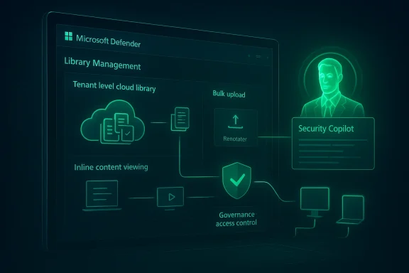 Neon green dashboard showing Microsoft Defender library management and security governance.