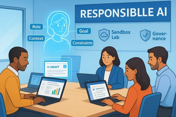 A diverse team collaborates on responsible AI governance during a laptop-filled workshop.