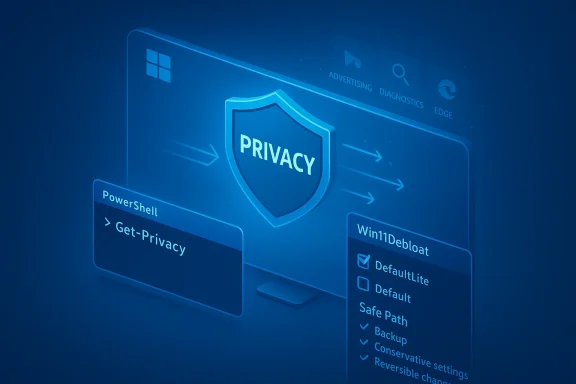 Blue holographic UI with a shield labeled PRIVACY and privacy-tuning panels.