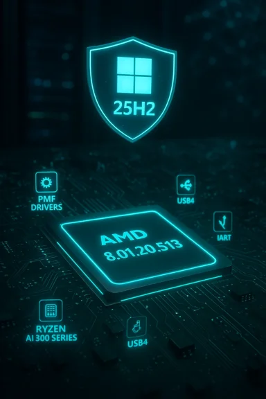 A glowing AMD processor on a neon-lit circuit board with a Windows shield 25H2.