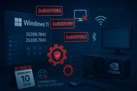 Windows 11 setup scene with error codes, GPU, gears, and a “connected but no internet” indicator.
