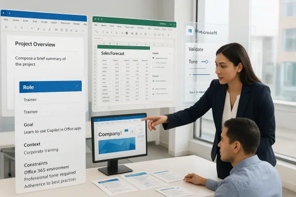 A woman presents floating data dashboards to a colleague in a bright office.