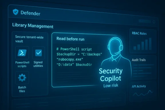Futuristic Defender dashboard featuring library management, read-before-run PowerShell script, and Security Copilot.