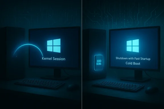 Split-screen computer setup showing Windows boot scenes: Kernel Session on left, Cold Boot on right.