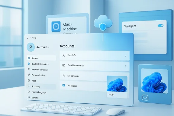 A blue, futuristic desktop UI featuring an Accounts settings panel with a cloud icon and widgets.
